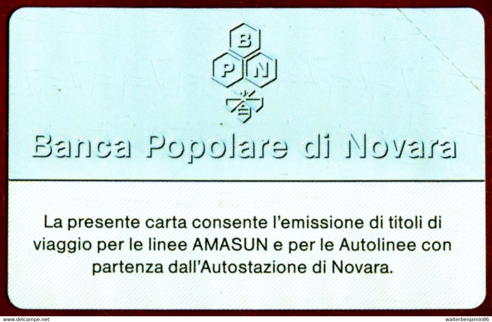 SCHEDA USO SPECIALE CARTA BUS A BANDA MAGNETICA BANCA POPOLARE DI NOVARA AMASUN URMET CON TREZZATURA - Usi Speciali