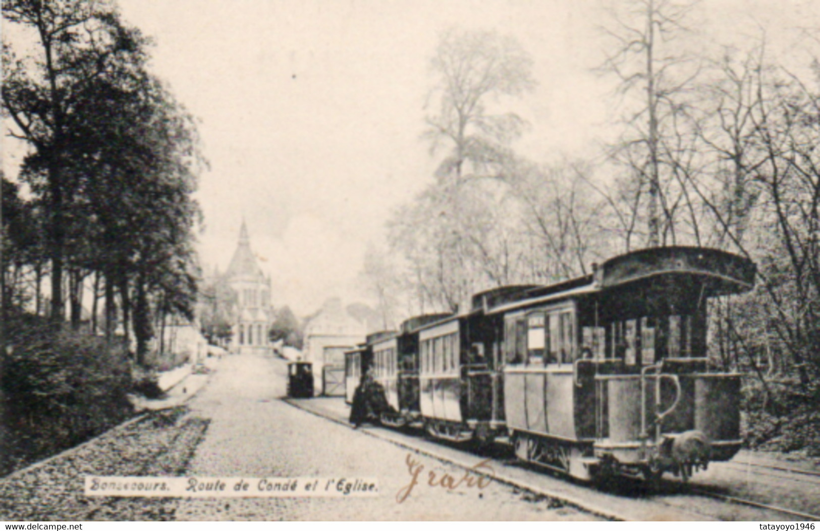 Bonsecours  Route De Condé Et L'église  Tram Voyagé En 1907 - Péruwelz