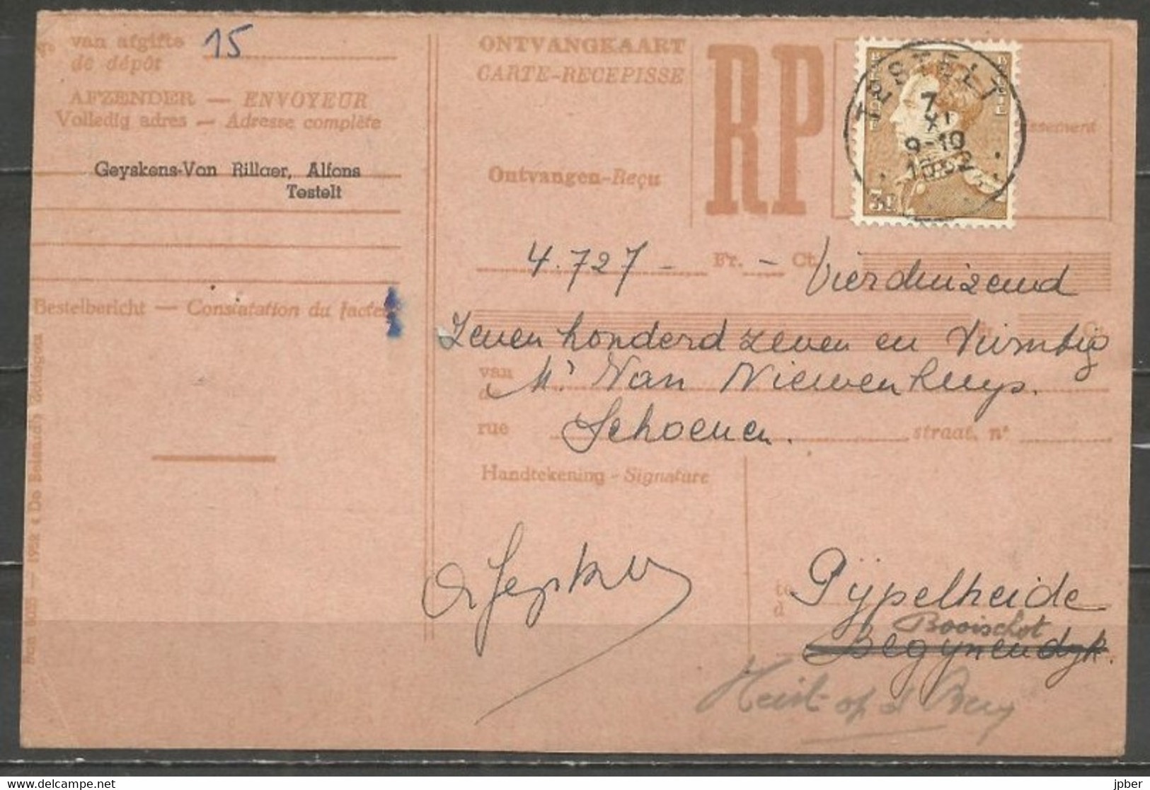 Belgique - Léopold III Poortman - N°847 Obl. TESTELT Sur Carte - 1936-51 Poortman