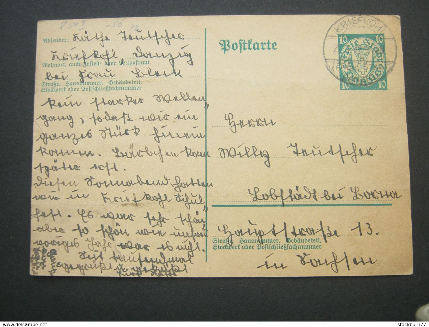 DANZIG ,  Kriefkohl, Seltener Stempel Recht Klar Auf Ganzsache 1937 - Postal  Stationery