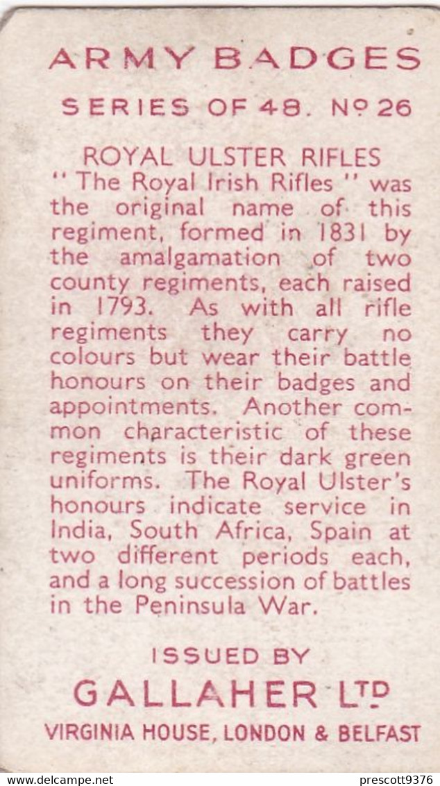 Army Badges 1939 - 26 Royal Ulster Rifles - Gallaher Cigarette Card - Original - Military - Gallaher