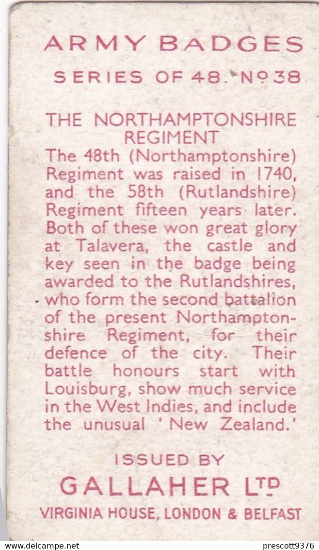 Army Badges 1939 - 38 The Northamptonshire Regt - Gallaher Cigarette Card - Original - Military - Gallaher