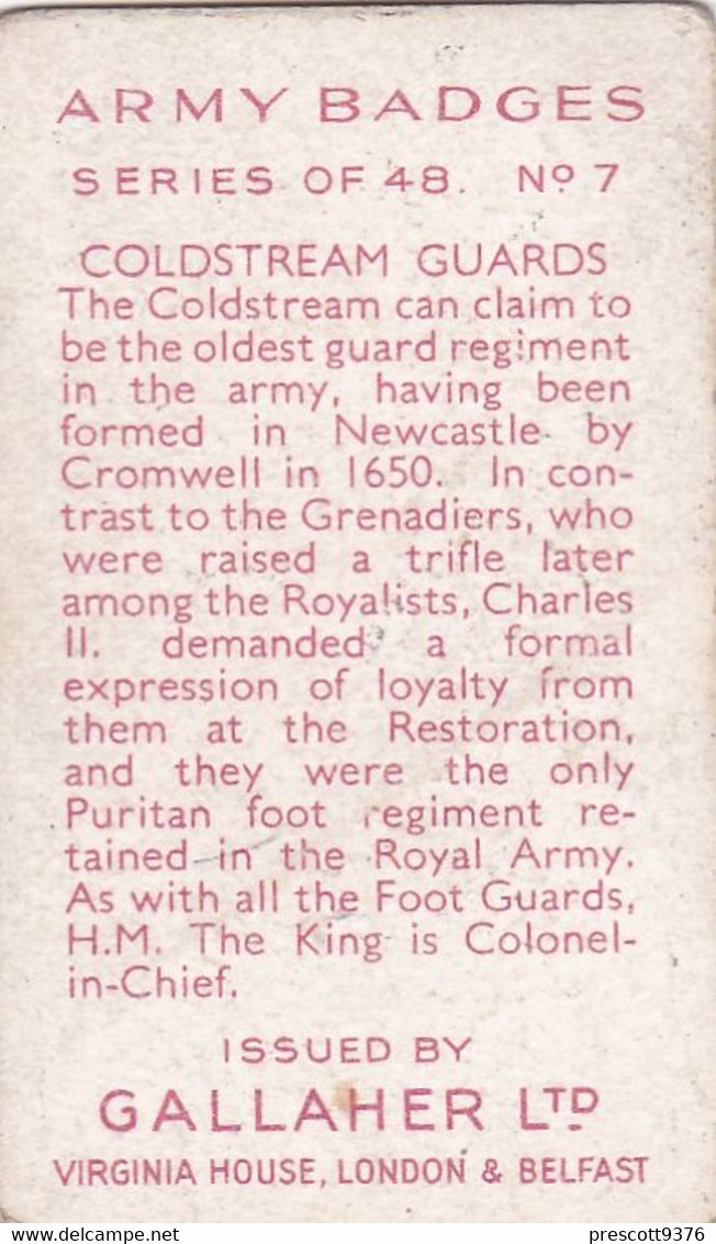 Army Badges 1939 - 7 The Coldstream Guards- Gallaher Cigarette Card - Original - Military - Gallaher