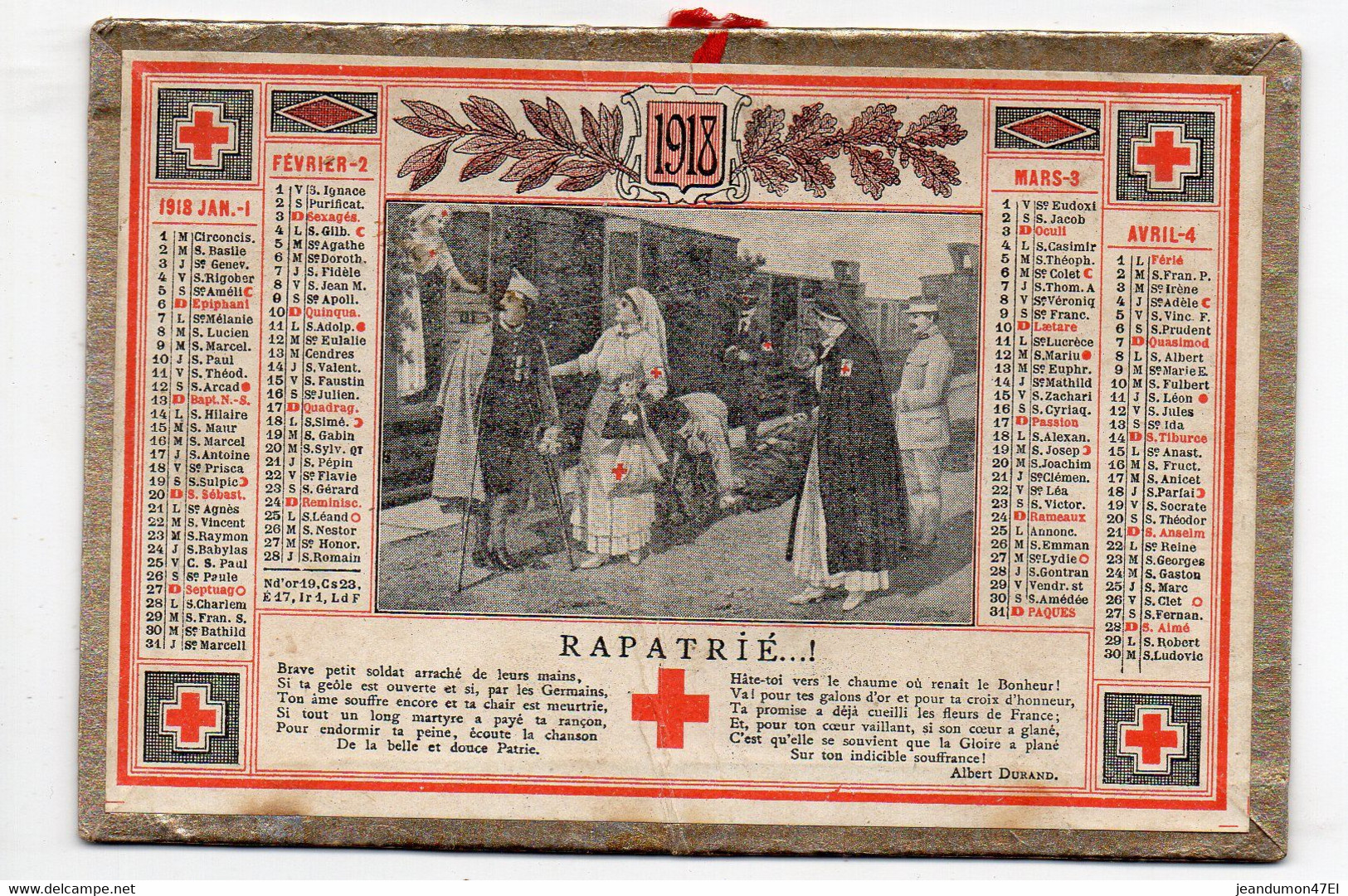 CROIX ROUGE - PETIT CALENDRIER DE 12,2 Cms X 8,3 Cms. 1918 SOCIETE DE SECOURS AUX BLESSES MILITAIRES. INTER ARMA CARITAS - Tamaño Pequeño : 1901-20