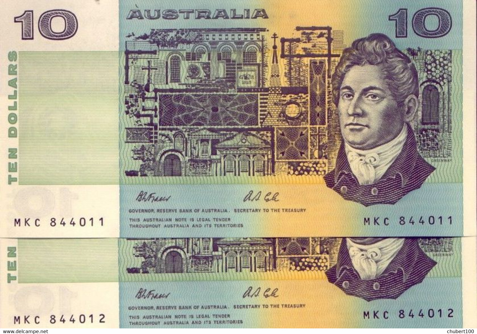 AUSTRALIA, P 45g , 10 Dollars , ND 1991 , 2 Consecutive UNC Notes - 1974-94 Australia Reserve Bank (paper Notes)