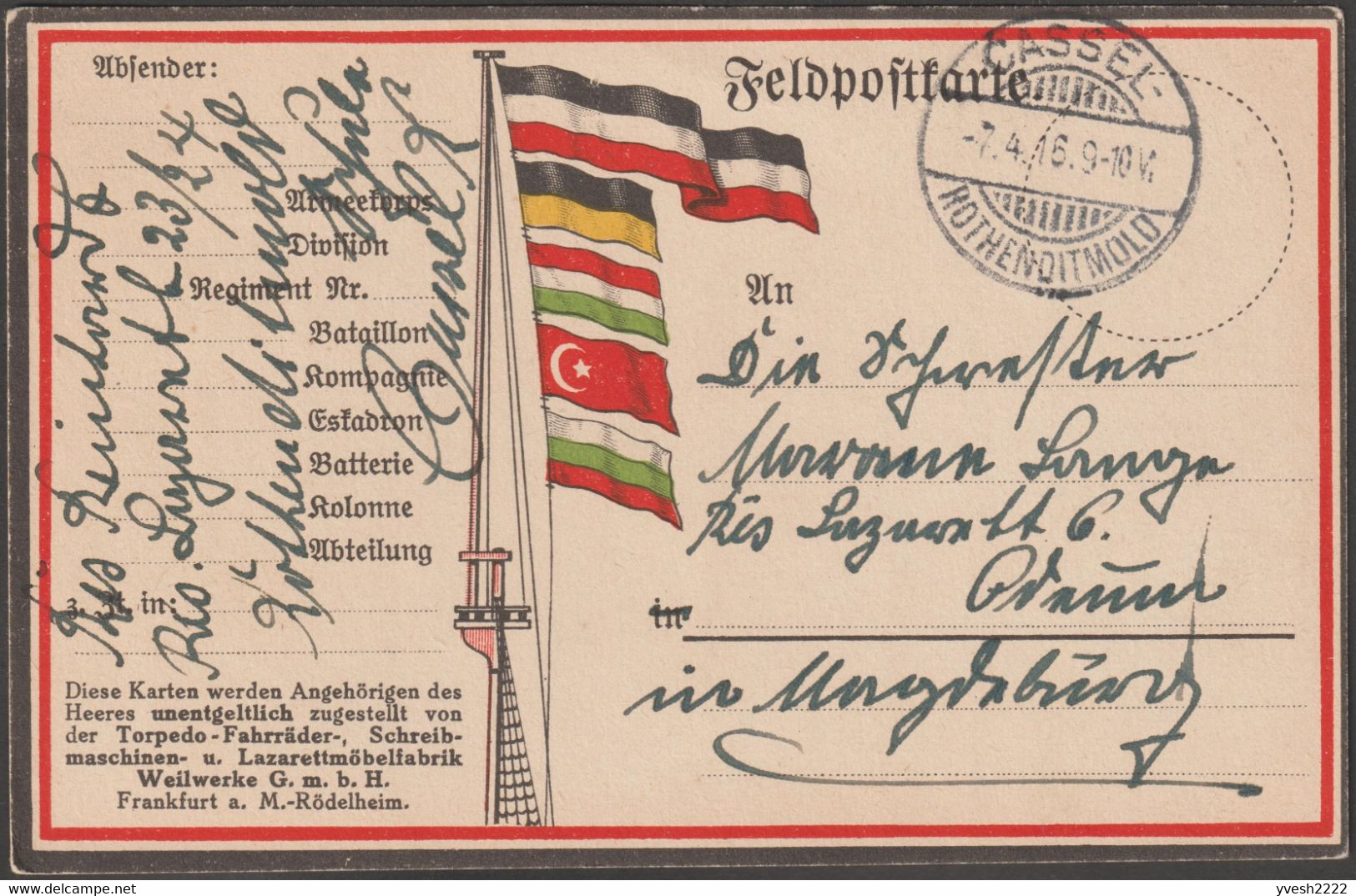 Allemagne 1916. Carte Postale De Franchise Militaire. Publicité Constructeur De Vélos Torpedo, Drapeaux Turquie Bulgarie - Covers