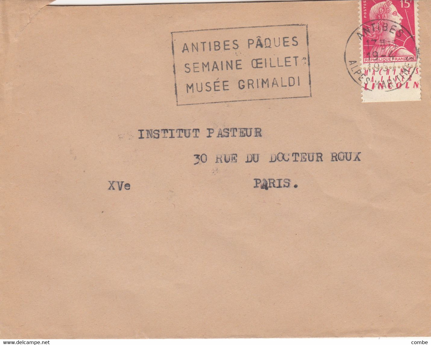 LETTRE. 1957. MULLER 15 Fr PUBLICITE MACHINE A LAVER LINCOLN. ANTIBES POUR PARIS      /  2 - Brieven En Documenten