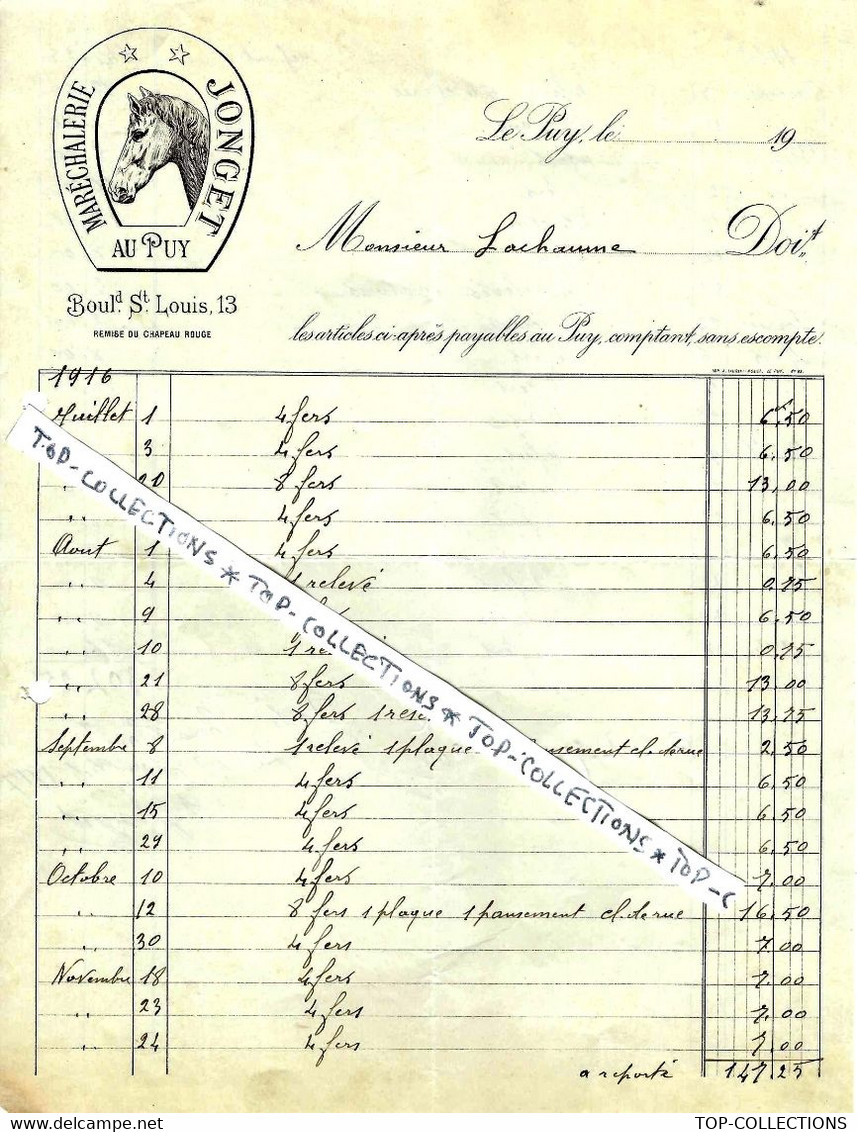 1916  MARECHALERIE JONGET Le Puy  En Velay Haute Loire  Pour Mr Lachanne VOIR TEXTE+SCANS - 1900 – 1949