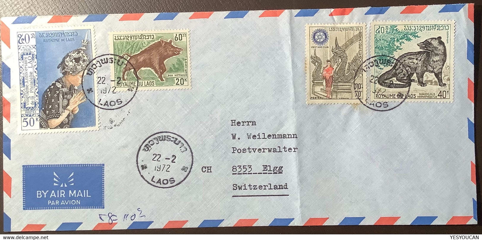 CROIX ROUGE SUISSE LUANG PRABANG LAOS 1972 Lettre > ELLG (cover Rotary Pig Wild Boar Animals Mammifère Philatelie - Laos