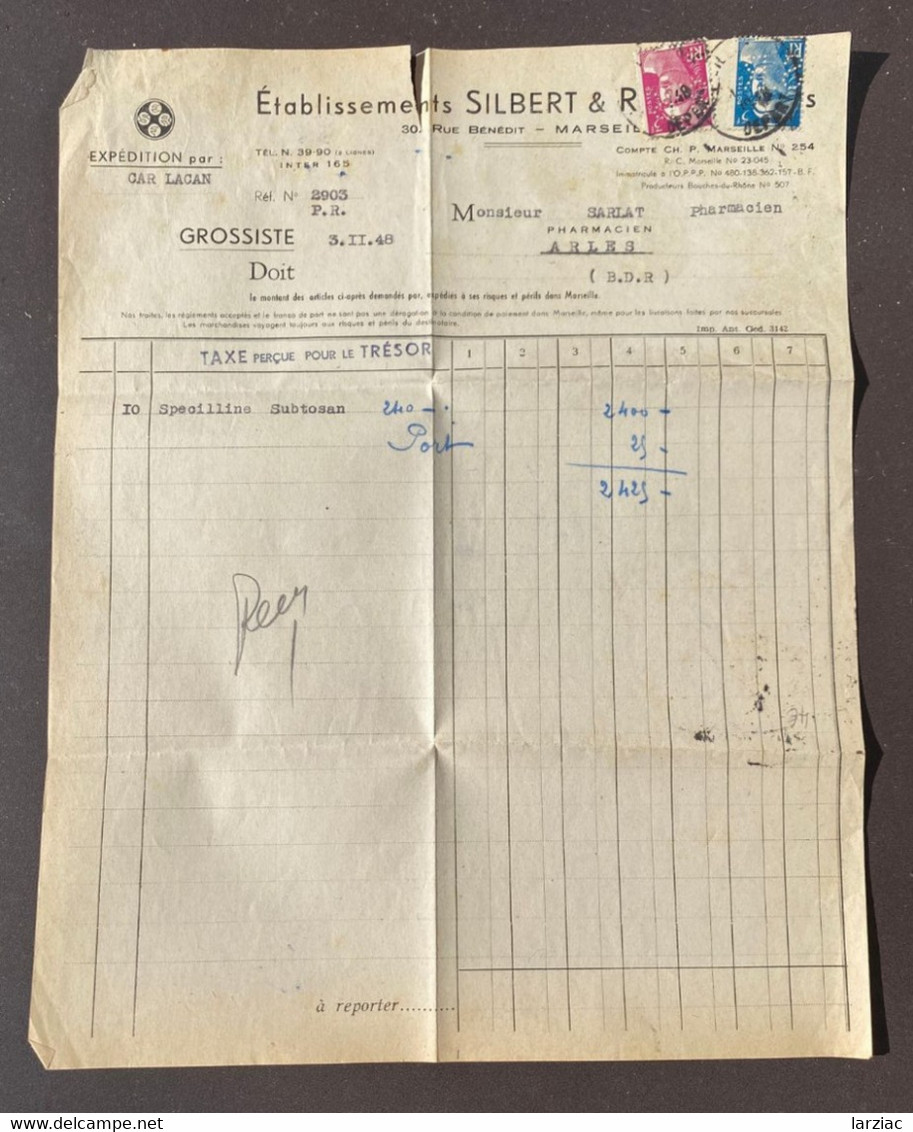 Facture Ets Silbert & Ripert Pour Arles Affranchissement Composé Type Gandon Perforé Oblitération 1948 - Storia Postale