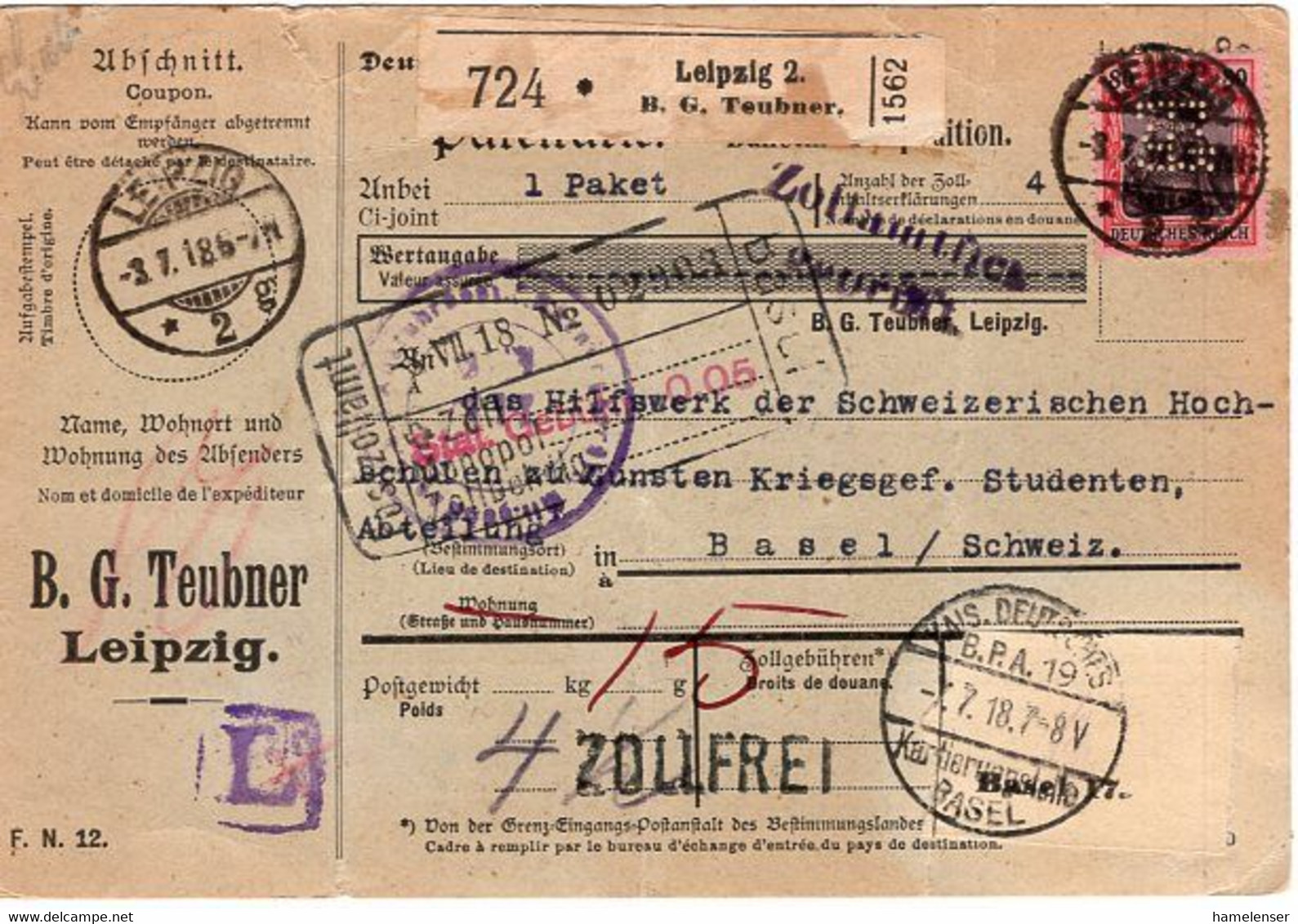 52600 - Deutsches Reich - 1918 - 80Pfg Germania M. Lochung EF A PaketKte LEIPZIG -> BASEL (Schweiz) - Brieven En Documenten