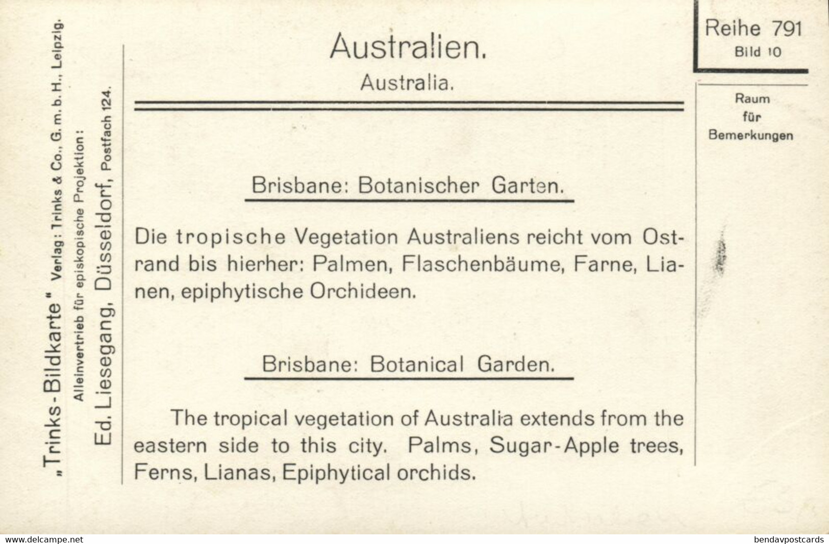Australia, QUEENSLAND, BRISBANE, Botanical Garden, Trinks-Bildkarte No. 791/10 - Brisbane