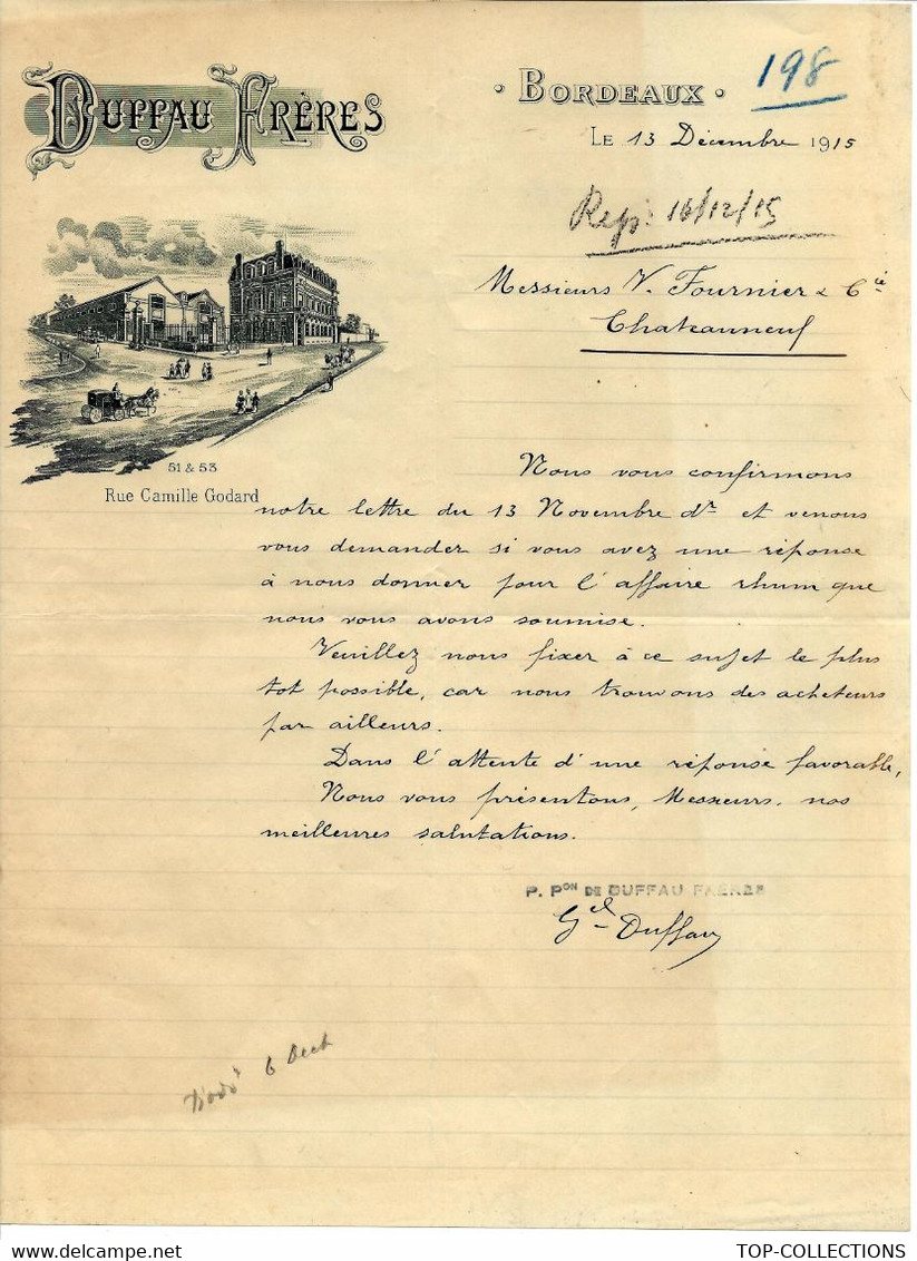 1915 DUFFAU FRERES à Bordeaux Négoce De Vin Et Alcool TEXTE SUR RHUM à Fournier à Chateauneuf Charente - 1900 – 1949