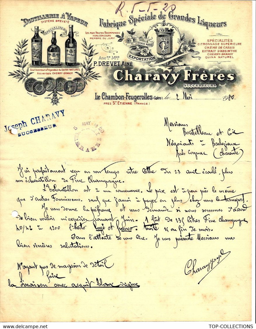 1920 DISTILLERIE A VAPEUR Charavy Frères  Le Chambon Feugerolles (Loire) Pour Boutelleau Producteur Cognac à Barbezieux - 1900 – 1949