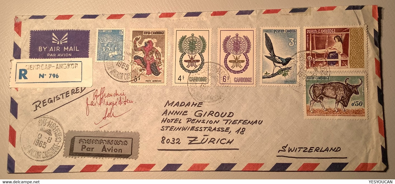 Cambodia 1965 SIEMREAP-ANGKOR Rare Travelled Cover (Cambodge Lettre WHO Paludisme Malaria Textile Birds - Cambodia