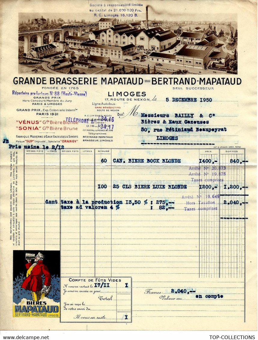 1950 GRANDE BRASSERIE MAPATAUD BERTRAND MAPATAUD Limoges Pour Bailly à Limoges  V.SCANS+HISTORIQUE - 1950 - ...