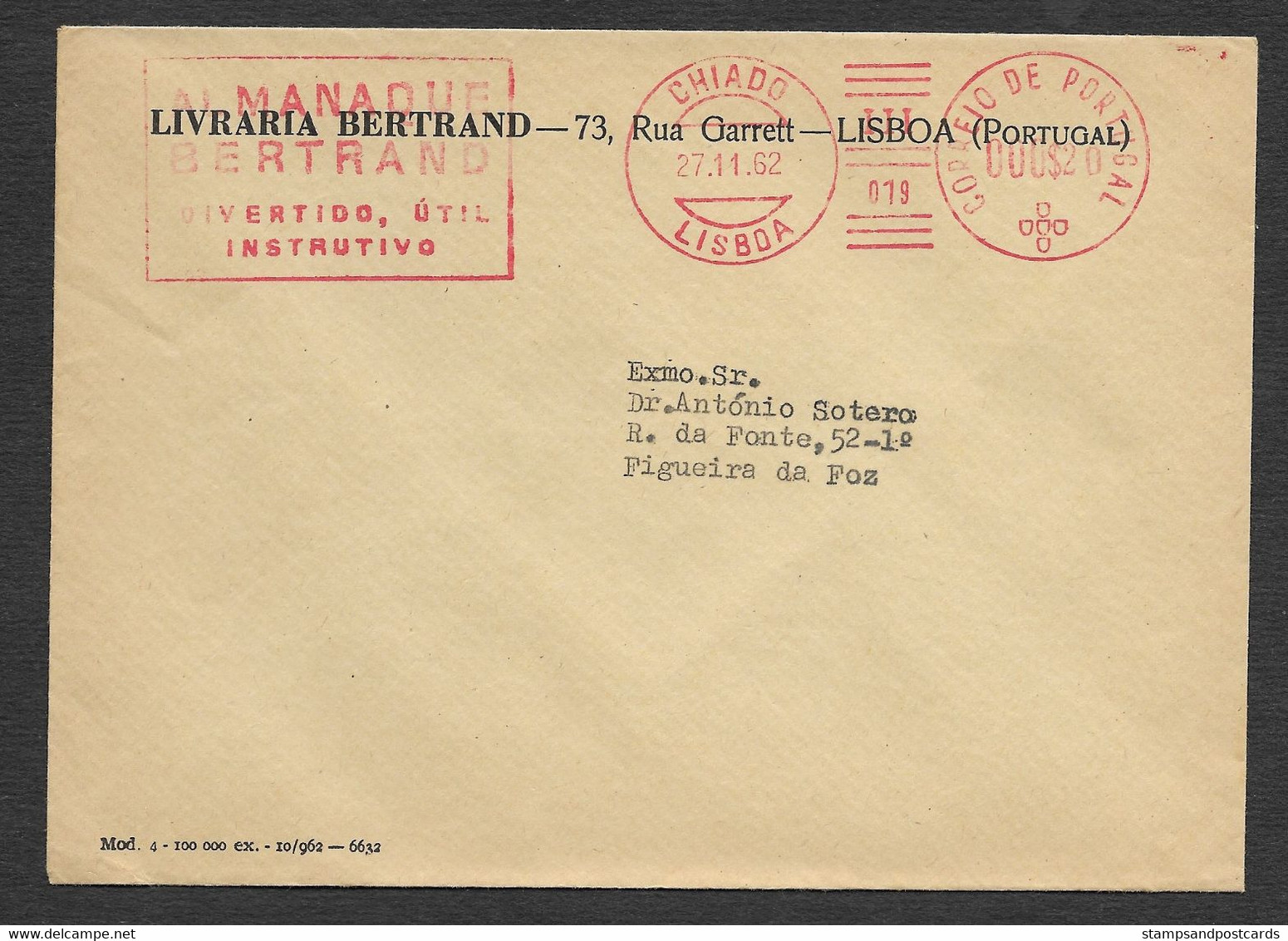 Portugal EMA Cachet Rouge Librarie Bertrand Pub Almanaque Almanach 1962 Bookshop Almanac Advert Meter Franking - Machines à Affranchir (EMA)