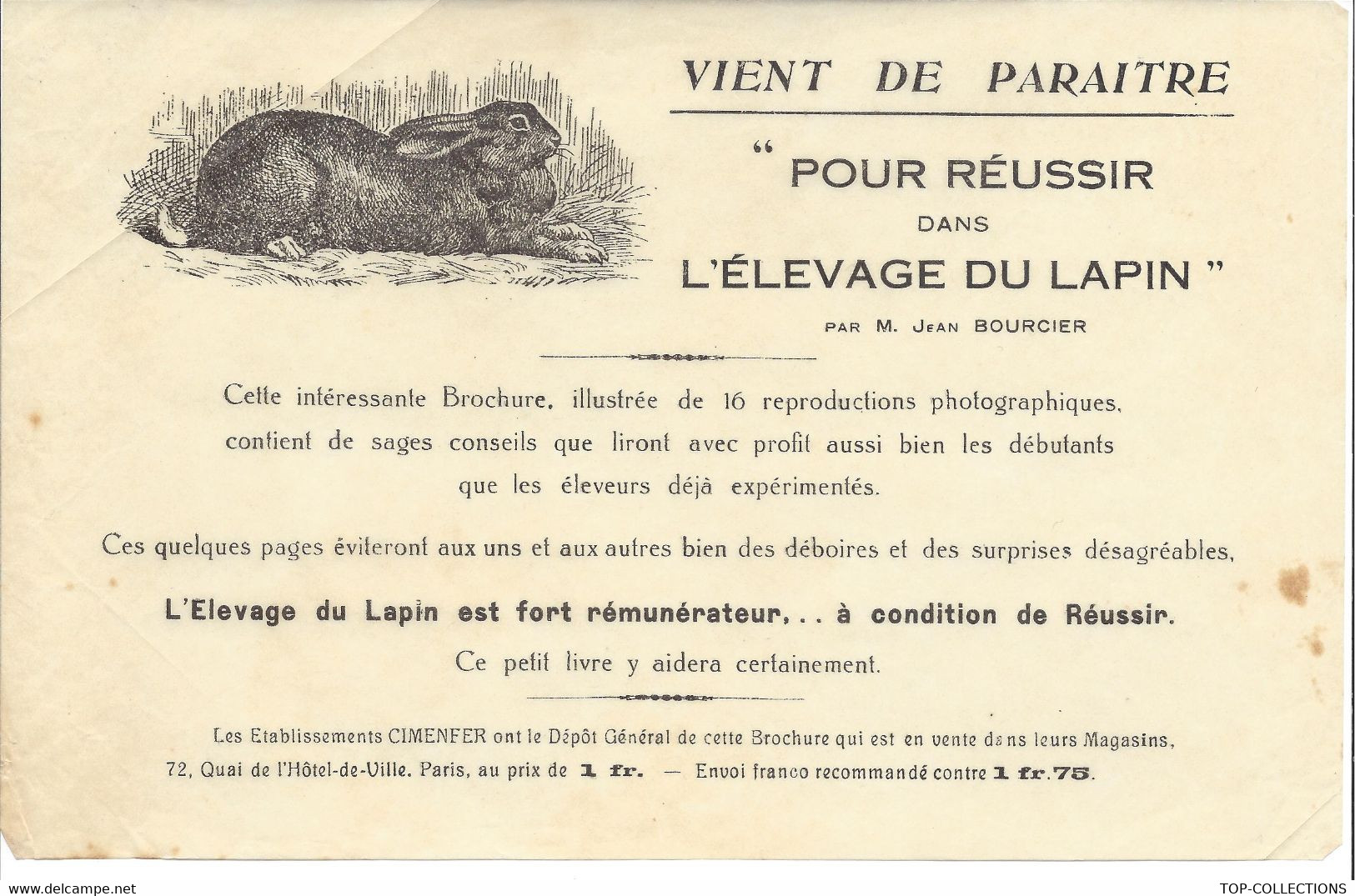 PUBLICITE Livre POUR REUSSIR DANS  L’ELEVAGE DU LAPIN éditeur Cimenfer Bétons  Magasins Paris Montereau Seine Et Marne - Publicités