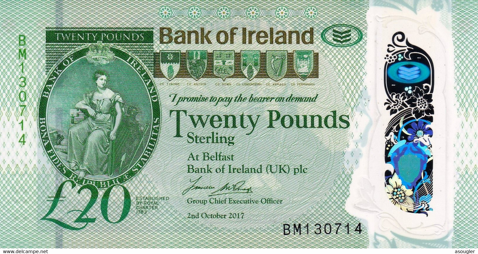 Northern Ireland 20 Pounds 2017 / 2020 Bank Of Ireland BOI P-92 Polymer UNC "free Shipping Via Registered Air Mail" - 20 Pounds