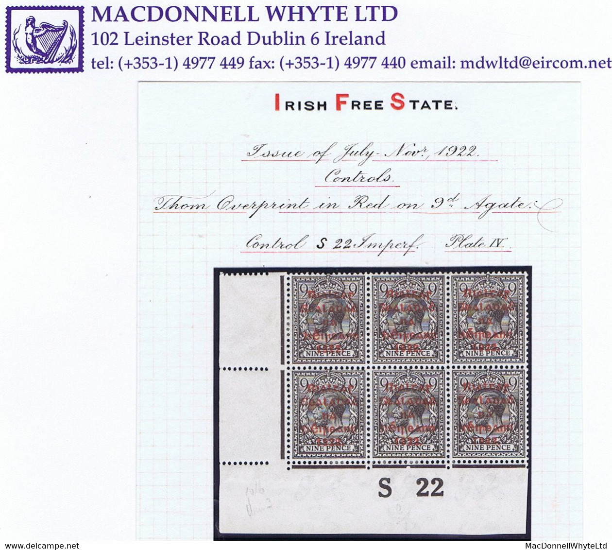 Ireland 1922 Thom Rialtas 5-line Red Overprint 9d Agate, Control S22 Imperf, Corner Block Of Six Plate 4 Mint - Ungebraucht