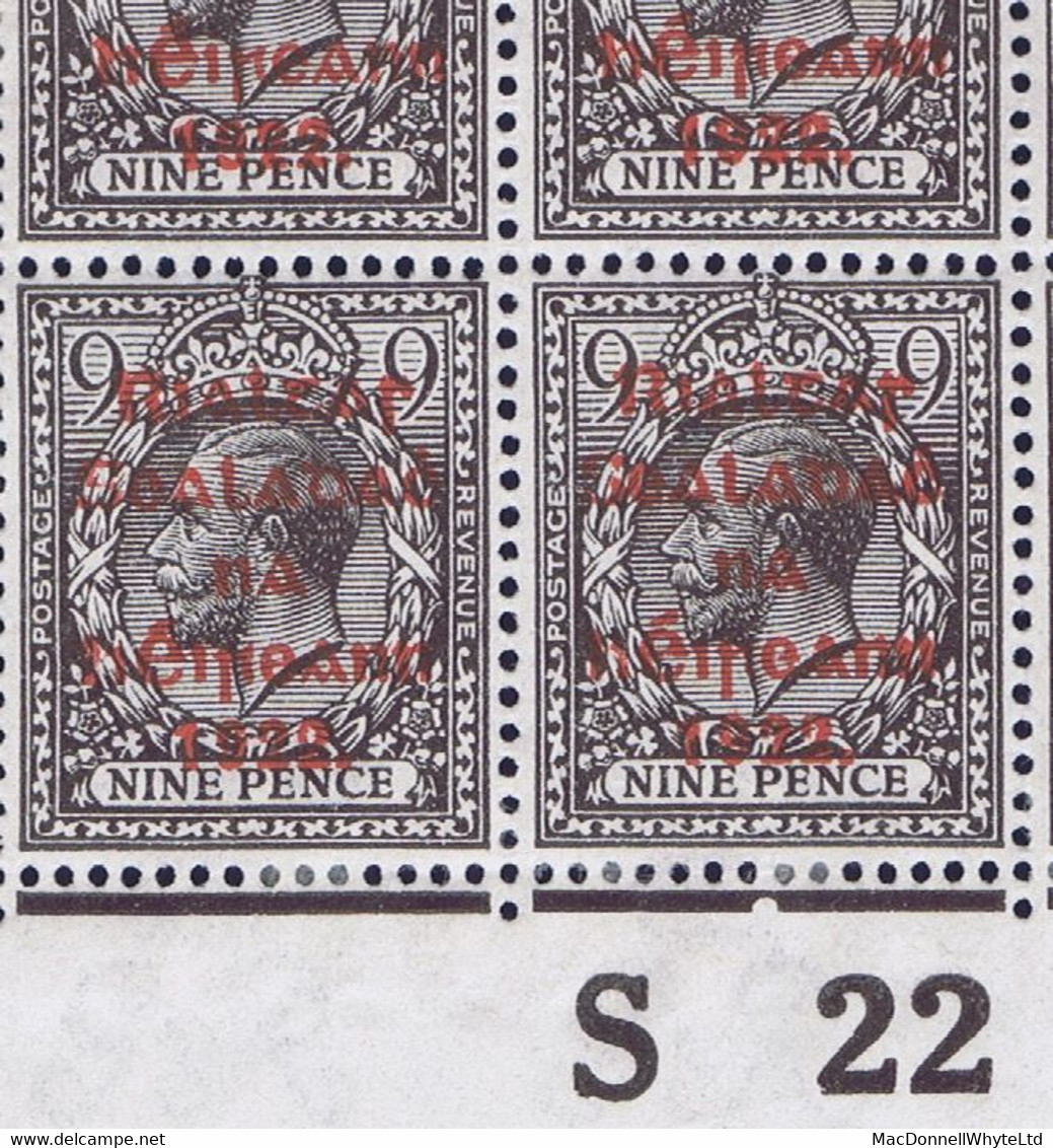 Ireland 1922 Thom Rialtas 5-line Red Overprint 9d Agate, Control S22 Imperf, Corner Block Of Six Plate 4 Mint - Neufs