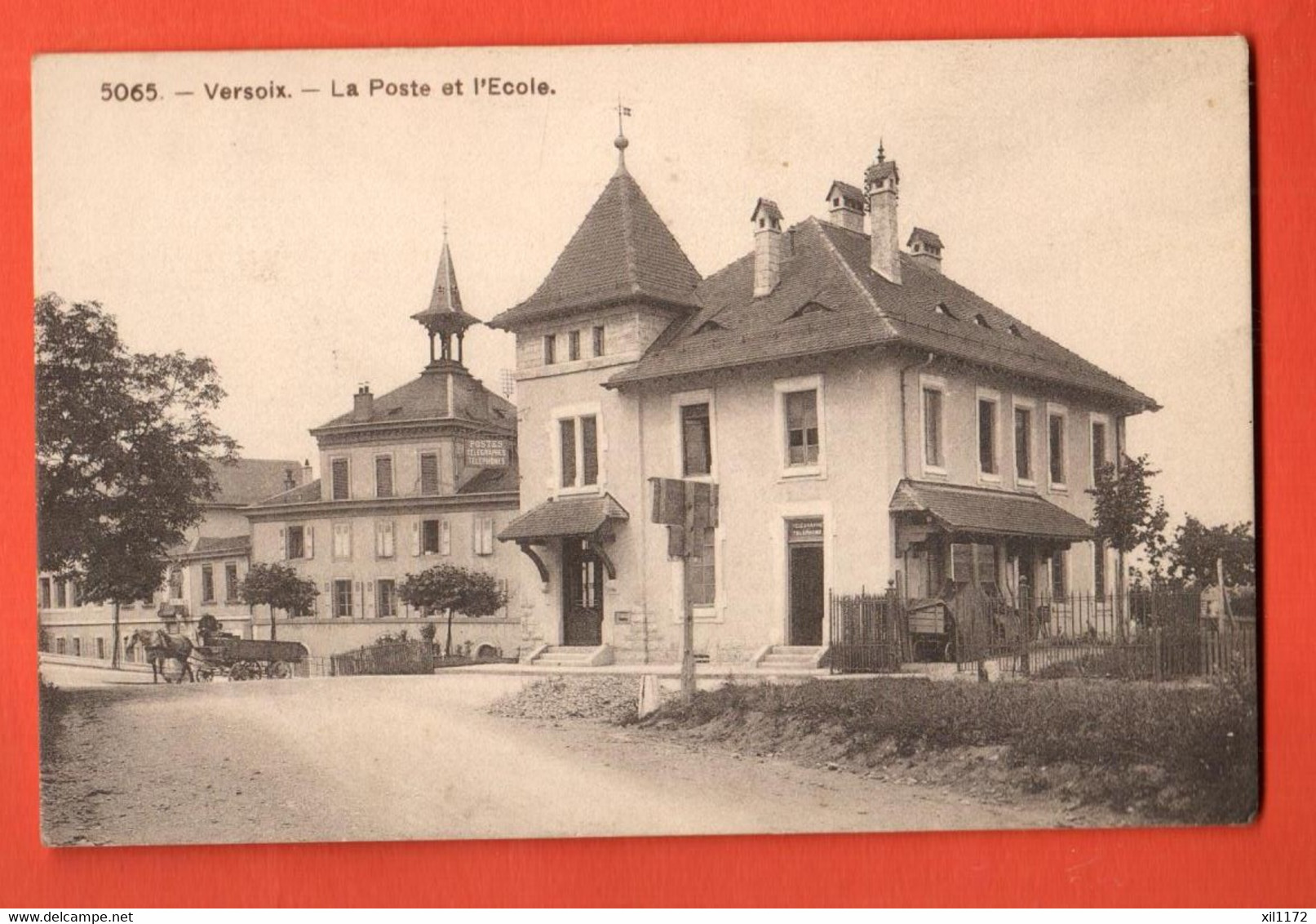 ZRC-39  RARE VERSOIX  La Poste Et L'Ecole. Attelage. Circulé 1912 ,Phototypie 5065 Timbre Manque - Versoix