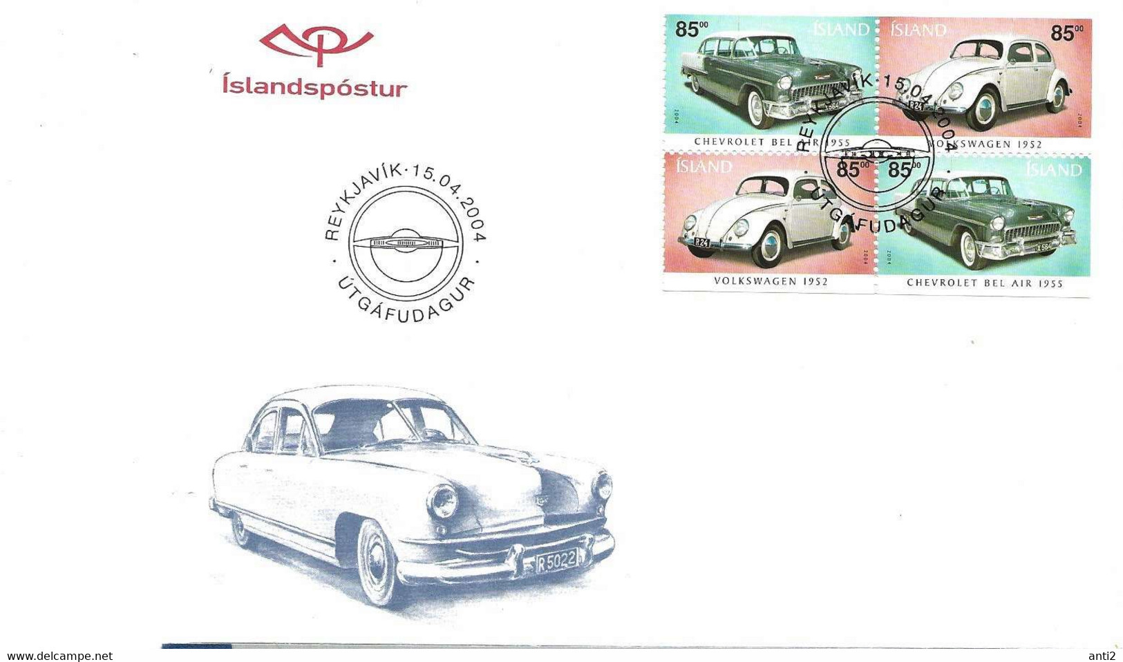 Island Iceland 2004 Old Automobiles, Old Cars - Chevroelt Bel Air, VW 1952,  Mi 1064-1065 X 2 In FDC - Briefe U. Dokumente