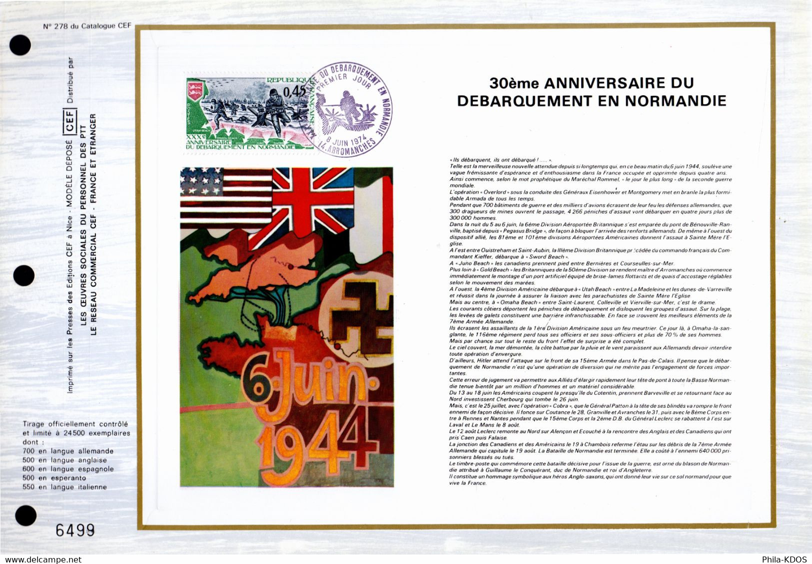 &#9989; " 30 ANS DU DEBARQUEMENT EN NORMANDIE " Sur Feuillet CEF 1er Jour De 1974 N° YT 1799. Parfait état. FDC - WW2