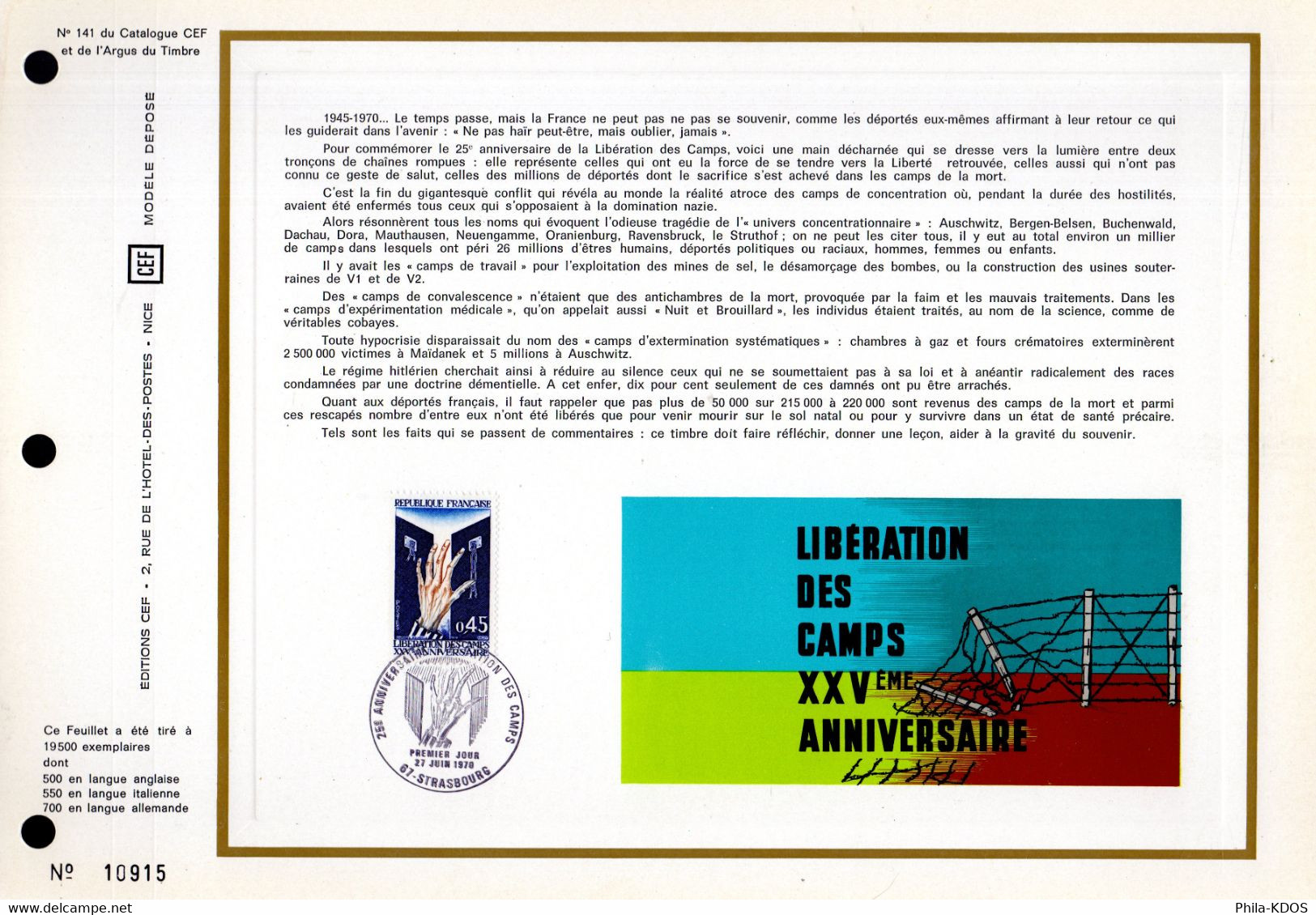 &#9989; " 25 ANS DE LA LIBERATION DES CAMPS " Sur Feuillet CEF 1er Jour De 1970 N° YT 1648. Parfait état. FDC - WW2