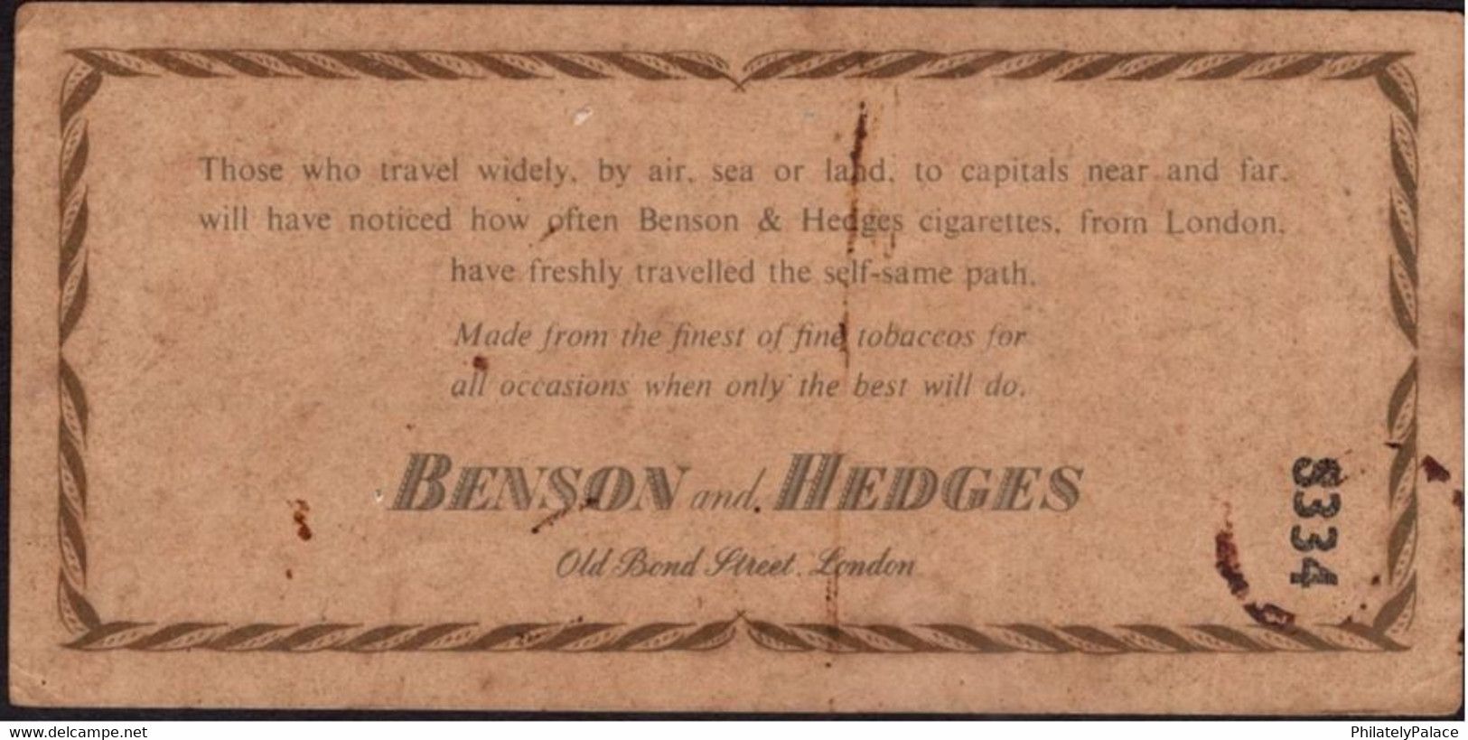 Vintage Advertisement Of Benson & Hedges Cigarettes For B. O. A. C Airline  (**) FRONT AND BACK IMAGE - Altri & Non Classificati