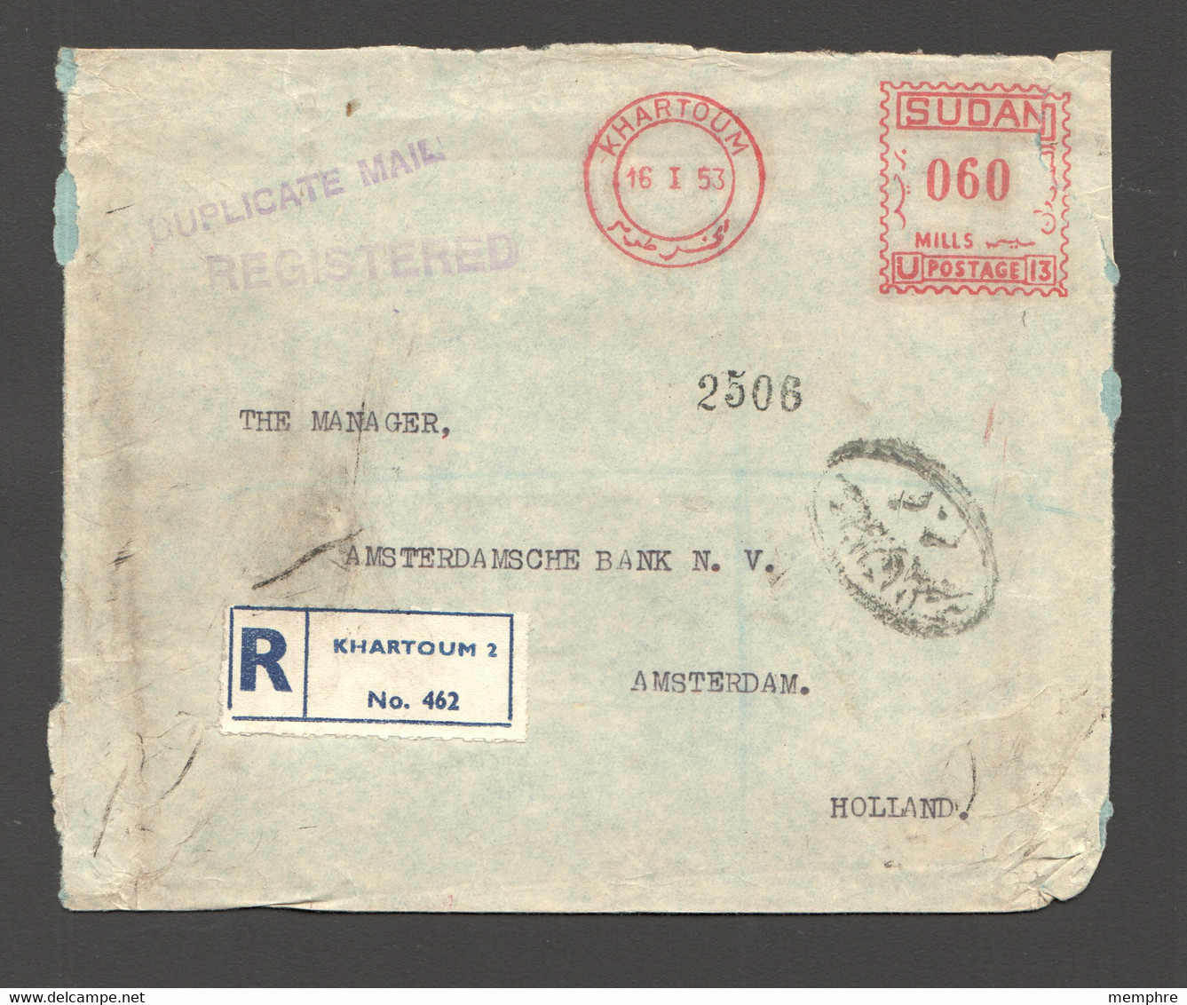 1953 Registered 60 Millièmes Meter Mail To Netherlands - Soedan (...-1951)