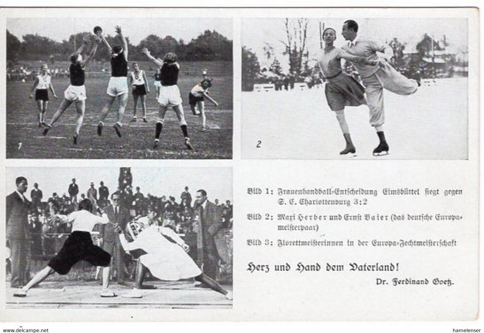 52629 - Deutsches Reich - 1936 - AnsKte Handball Endspiel Eimsbütteler TV, Eiskunstlauf, Florett-Fechten, Ungebraucht - Balonmano