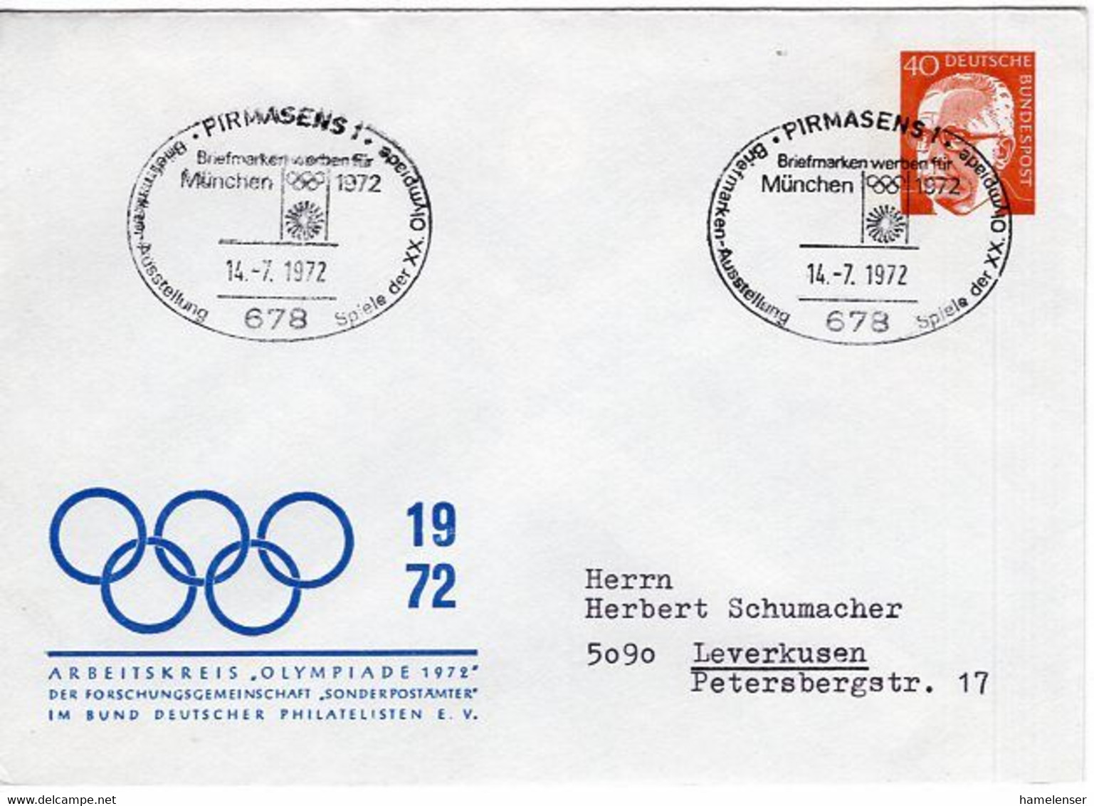 52665 - Bund - 1972 - 40Pfg Heinemann PGAUmschl "Olympiade 1972" SoStpl PIRMASENS - BRIEFMARKEN WERBEN ... -> Leverkusen - Sommer 1972: München