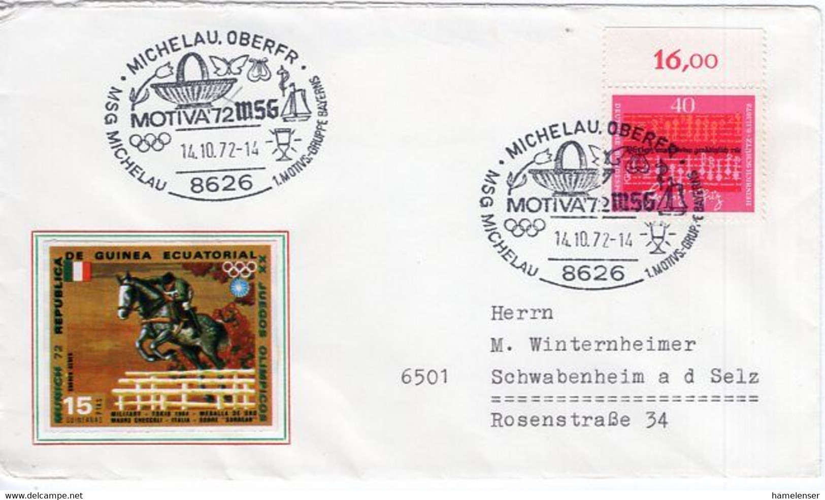 52666 - Bund - 1972 - 40Pfg Schuetz EF A Bf SoStpl MICHELAU - MOTIVA '72 -> Schwabenheim - Other & Unclassified