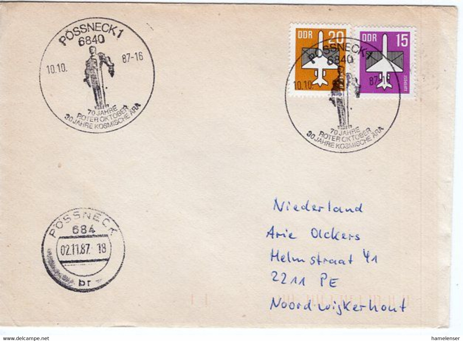 52671 - DDR - 1987 - 15Pfg Luftpost MeF A Bf SoStpl POESSNECK - ... 30 JAHRE KOSMISCHE AERA -> Niederlande - Europa