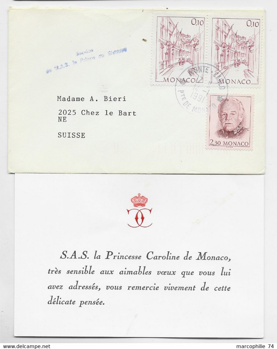 MONACO 10CX2+2FR30 PETITE LETTRE MONTE CARLO 14.1.1991 +SAS PRINCE DE MONACO + CARTE VOEUX PRINCESSE CAROLINE - Cartas & Documentos