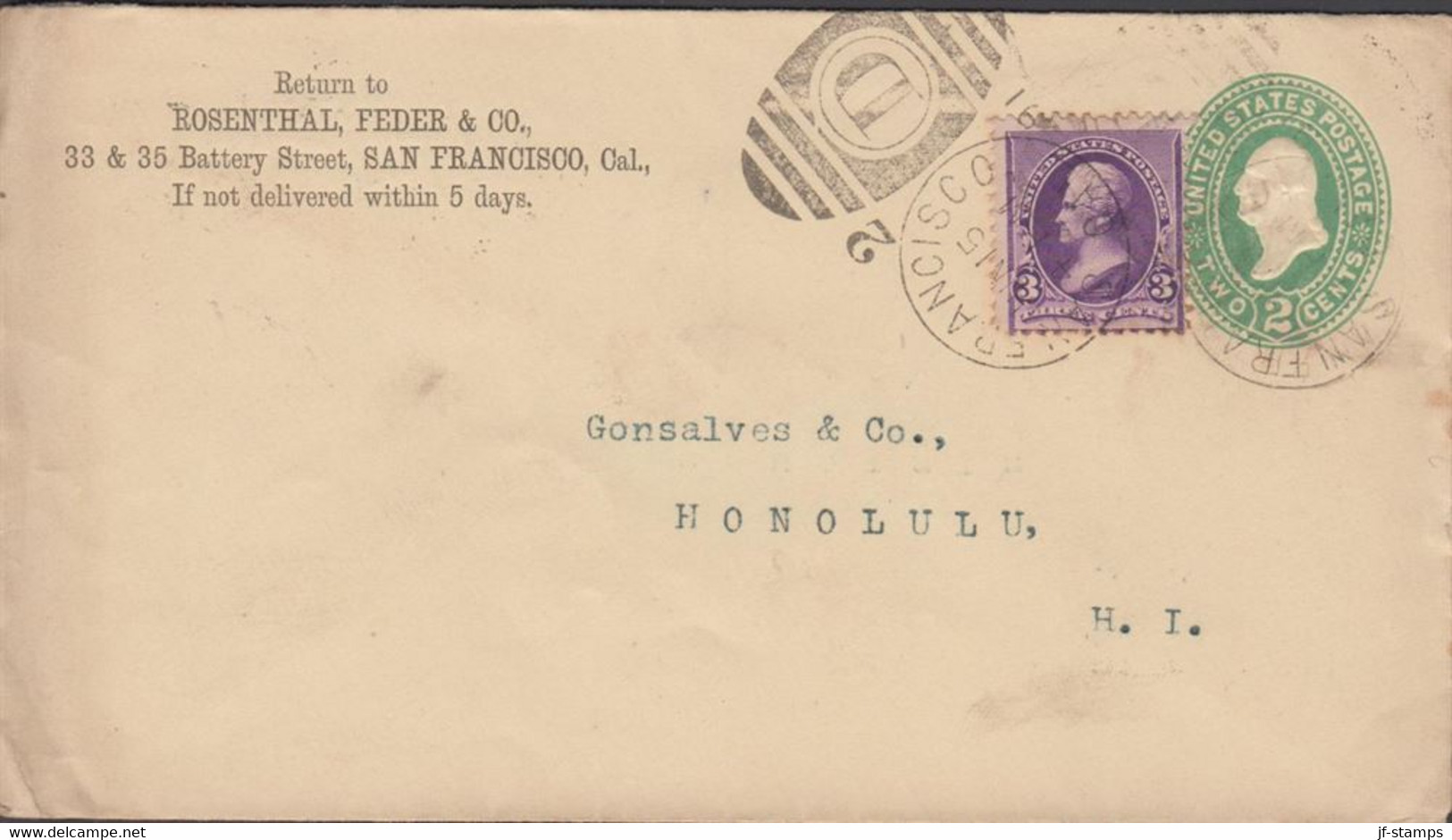 1891. USA. 2 CENTS Envelope With 3 CENTS Jackson To Honolulu, Hawai Cancelled SAN FRANCISCO JU... (MICHEL 63) - JF431336 - Hawaii