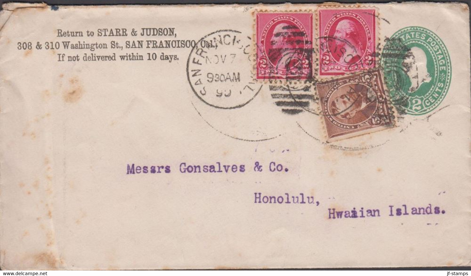 1890. USA. 2 CENTS Envelope With 2 Ex 2 Cents + 5 CENTS Grant To Honolulu, Hawai Cancelled SA... (MICHEL 65+) - JF431338 - Hawaï
