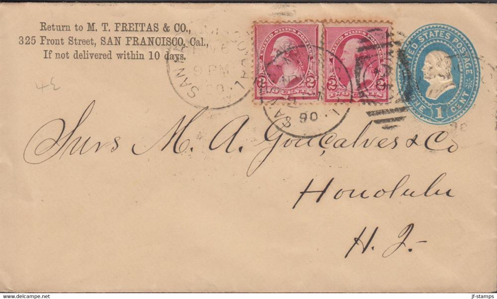 1890. USA. 1 CENTS Envelope With 2 Ex 2 Cents To Honolulu, Hawai Cancelled SAN FRANCISCO NOV 6... (MICHEL 62) - JF431339 - Hawaï