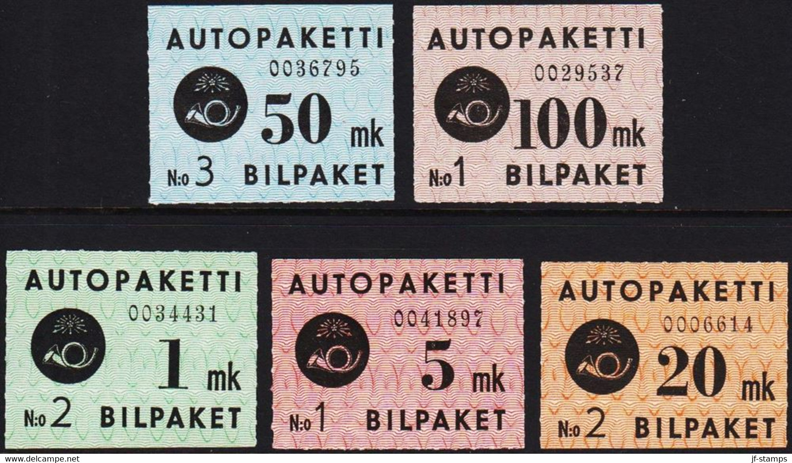 1949-1950. FINLAND. AUTOPAKETTI - BILPAKET. Rose And Triangels.__ Complete Set (5 V.). Very L... (Michel 1-5) - JF521426 - Colis Par Autobus