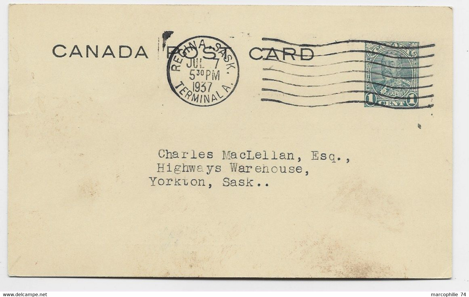 CANADA ENTIER 1 CENT POST CARD REGINA SASK JUL 7 1937 REPIQUAGE MOTOR LICENSE OFFICE - 1903-1954 Reyes