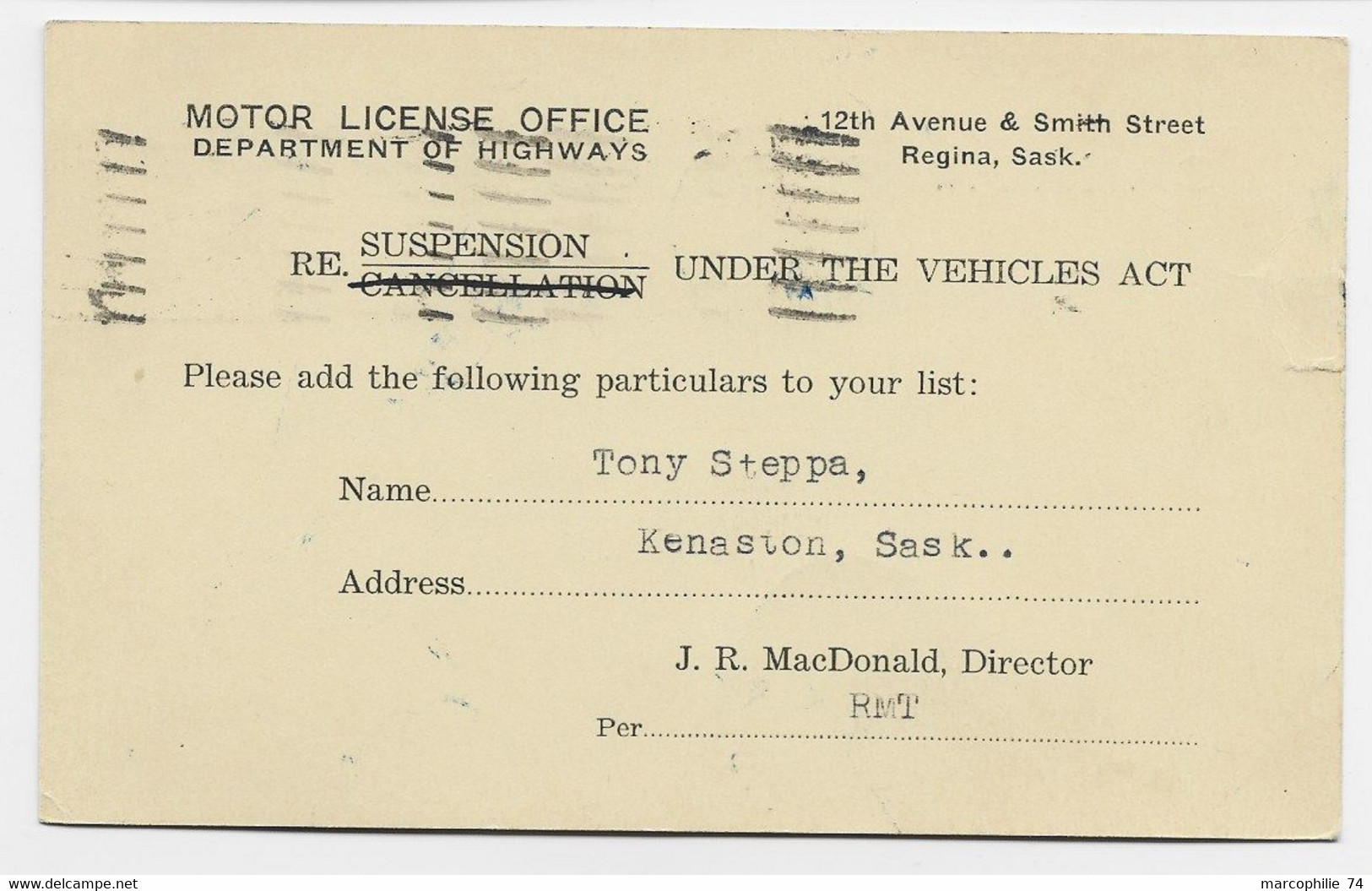 CANADA ENTIER 1 CENT POST CARD REGINA SASK JUL 7 1937 REPIQUAGE MOTOR LICENSE OFFICE - 1903-1954 Reyes