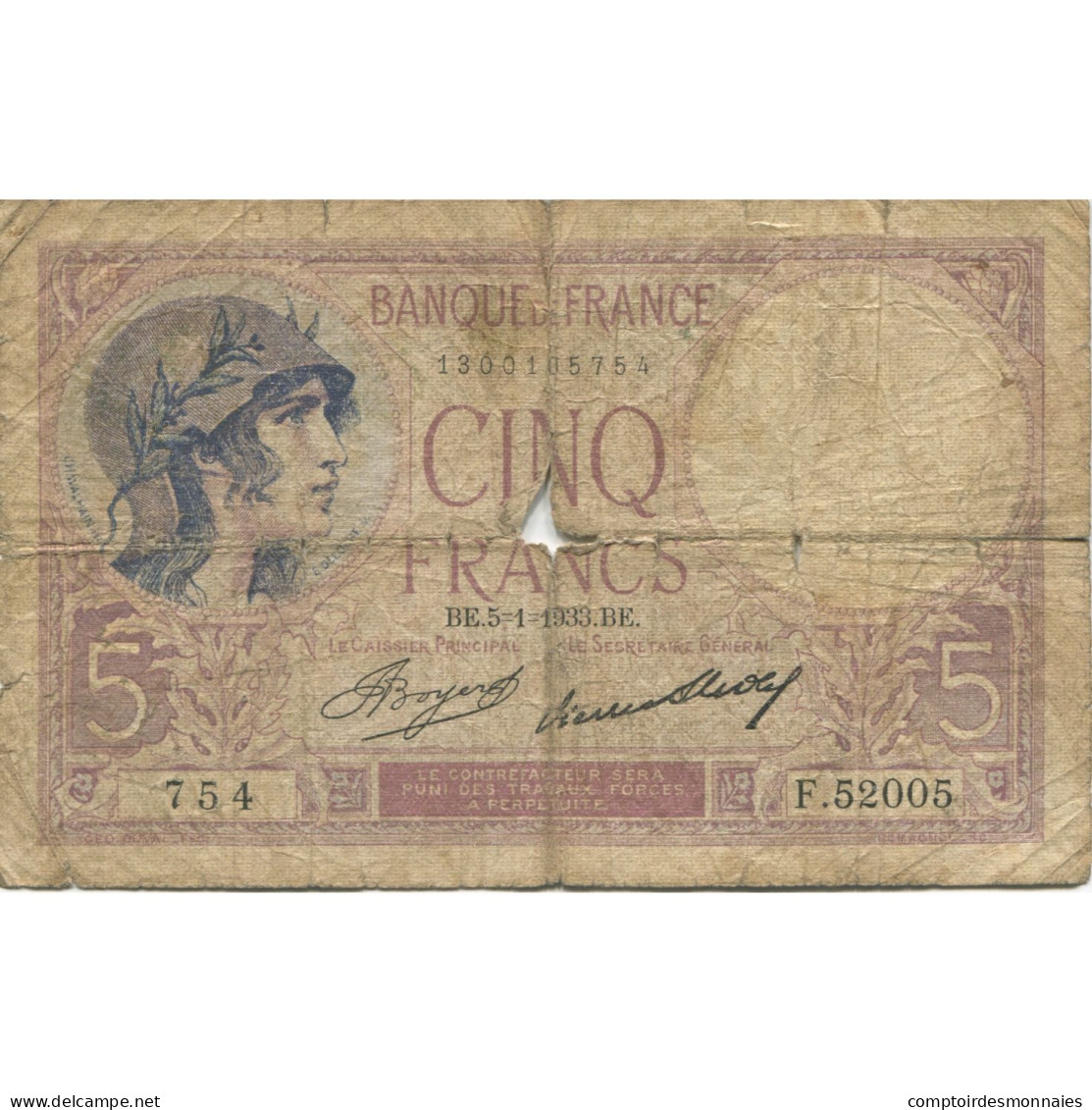 France, 5 Francs, Violet, 1933, 1933-01-05, AB, Fayette:03.17, KM:72e - 5 F 1917-1940 ''Violet''