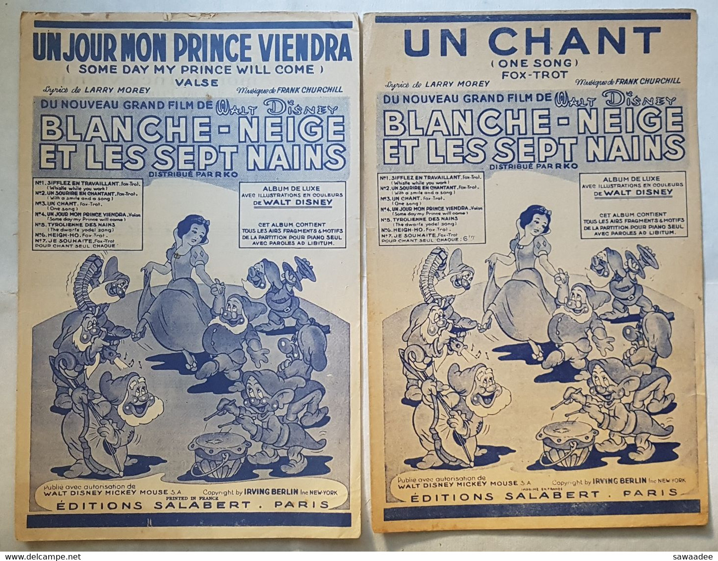 PARTITION - LOT DE 4 - FILM : BLANCHE NEIGE ET LES 7 NAINS - WALT DISNEY - POST 1940 - COPYRIGHT : 1938 - IRVING BERLIN - Compositeurs De Musique De Film