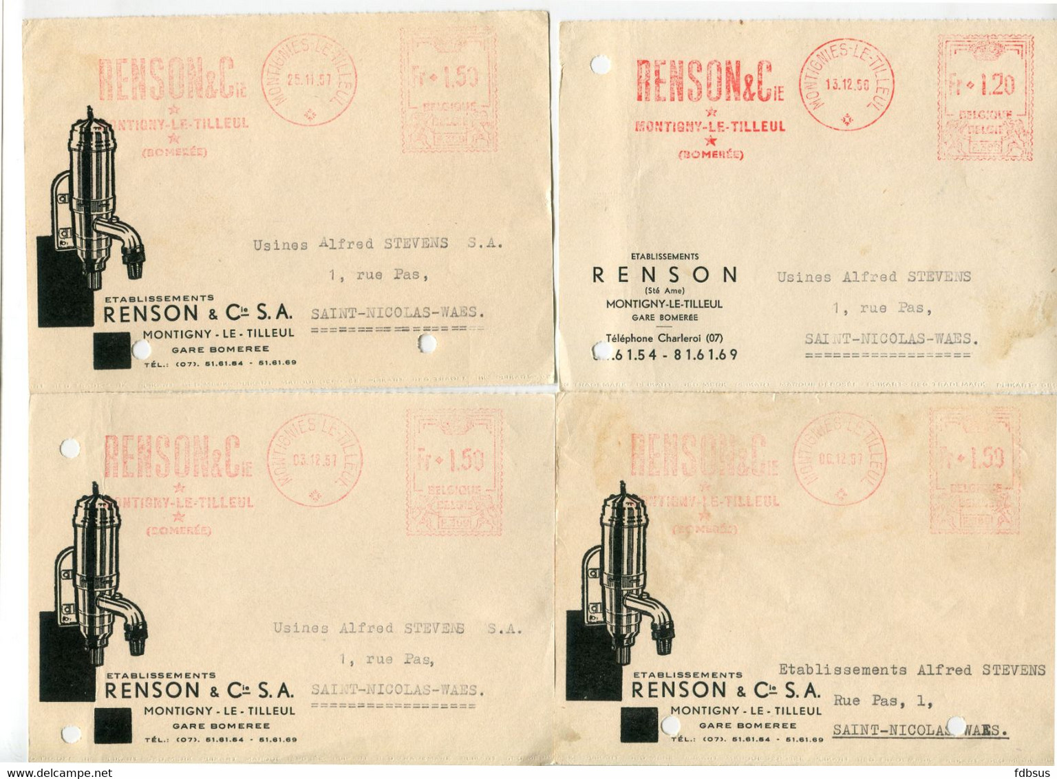 1956/57 4 Kaarten Ets RENSON & Cie S.A. Montigny Le Tilleul Gare Bomerée Naar St Nicolas - Ref 107 - ...-1959