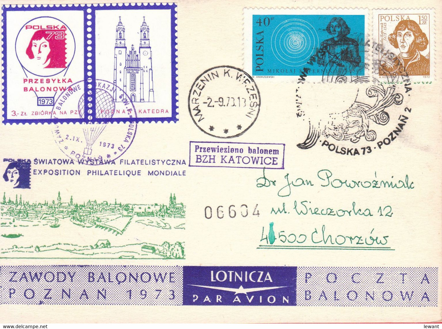 1973 Balloon Mail - Transported In A Balloon BZG KATOWICE (Copernicus) 06604 - POWR - Ballons