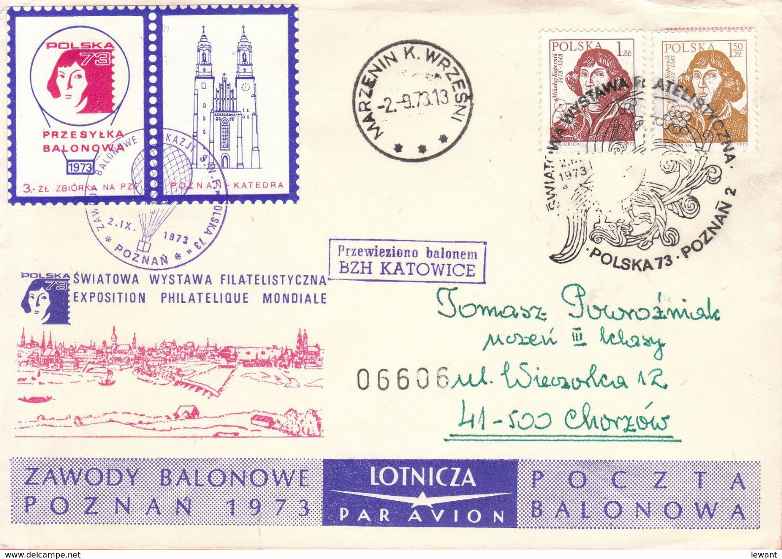 1973 Balloon Mail - Transported In A Balloon BZG KATOWICE (Copernicus) 06606 - POWR - Ballonpost