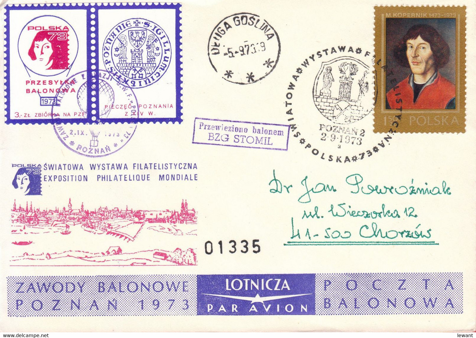 1973 Balloon Mail - Transported In A Balloon BZG STOMIL (Copernicus) 01335 - POWR - Ballons