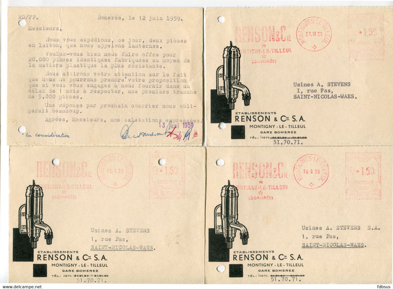 1959  4 Kaarten Ets RENSON & Cie S.A. Montigny Le Tilleul Gare Bomerée Naar St Nicolas - Ref 109 - ...-1959