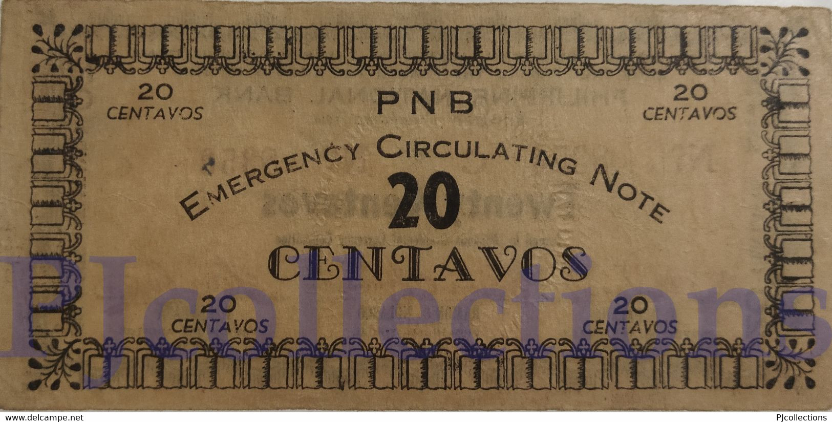 PHILIPPINES 20 CENTAVOS 1942 PICK S574 VF EMERGENCY BANKNOTE - Philippines